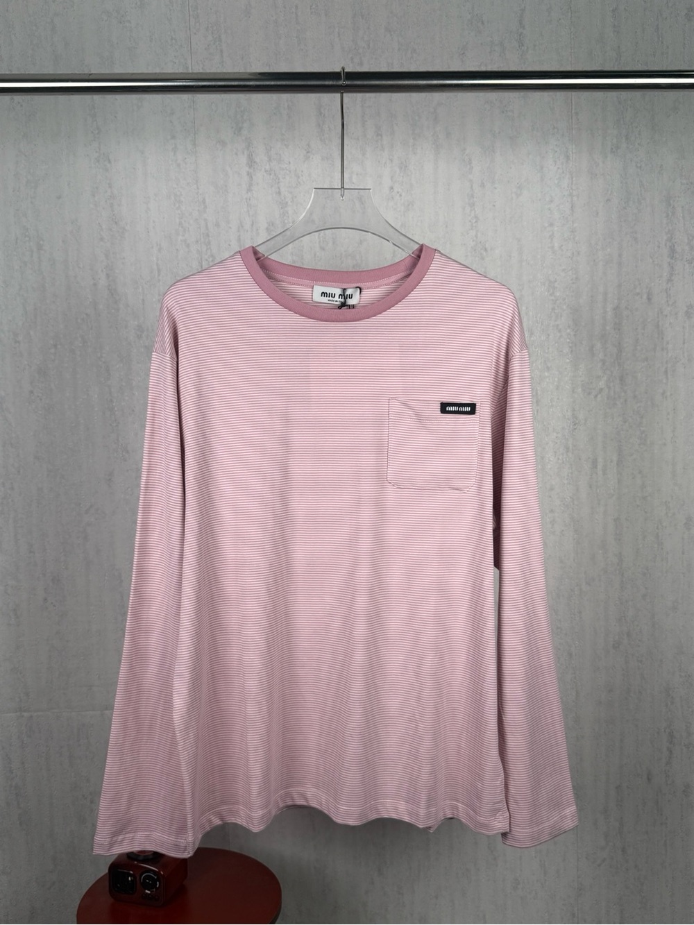 Miu Miu Pink Striped Long-Sleeve Pocket Tee